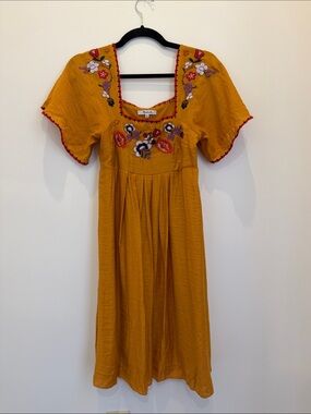 Madewell Mustard Embroidered Puff-Sleeve Midi Dress